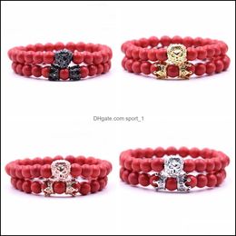 Beaded Strands 2Pcs/Set Animal King Lion Head Red Turquoise Bangle Natural Stone Crown Couple Bracelet Sets For Men Han Dhseller2010 Dhkfk