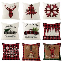 Pillow 45x45cm Christmas Pillowcase Red Black Plaid Linen Living Room Sofa Cover Xmas Party Gift Decor