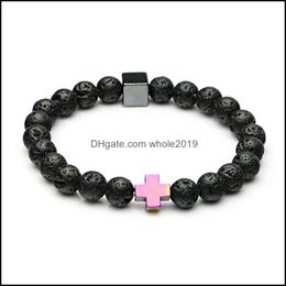 Beaded Strands 8Mm Black Lava Stone Cross Charms Buddha Yoga Bracelet Essential Oil Diffuser Jewellery For Wome Men Gift Dhseller2010 Dh3Zk