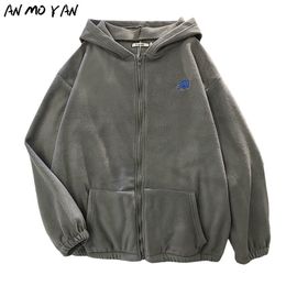 Womens Hoodies Sweatshirts Winter Hoodie Tops Autumn Korean Fashion Animal Embroidery Printing Loose Plush Zipper Sweatshirt 220829