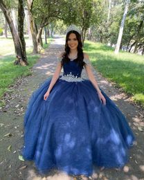 Sexy Dark Blue Country Boho Quinceanera Prom Dresses sweetheart crystal belt Ball Gown off shoulder with Sleeve Long Glitter Tulle Evening party