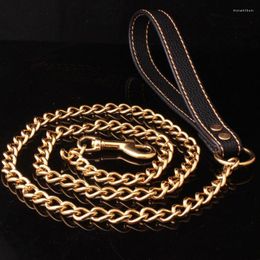 Chains 9mm Trendy Strong Black Leather Pet Dog Jewelry Leash Lead Gold Curb Link Chain For Walking Running 9inch 52inch High Quality