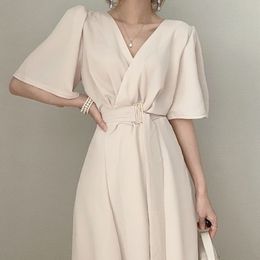 Casual Dresses Elegant Women Spring Summer Belt Sundress Fashion V Neck Long Sleeve White Short Shirt Dress Office Lady Vestidos Robe Femme 220829