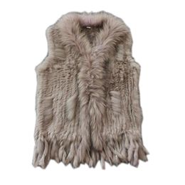 Womens Fur Faux Real ladies Genuine Knitted Rabbit Vest With Raccoon Trimming Waistcoat Winter Jacket harppihop fur 220830