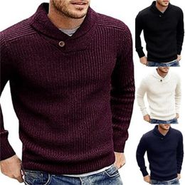 Men's Sweaters Burgundy Winter Warm Sweater Lapel Pullover Retro Casual Knit For Fashion Designs Solid Colour Autunm Outerwear 220830