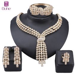 Women Gold Color Crystal Bridal Wedding Tassel Necklace Earrings Bangle Ring Dress Accessories Bridesmaids Jewelry Sets