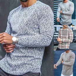 Maglioni da uomo T-shirt manica lunga slim top misto cotone righe stampa scozzese maglione pullover maschile per abbigliamento autunnale casual streetwear 220829
