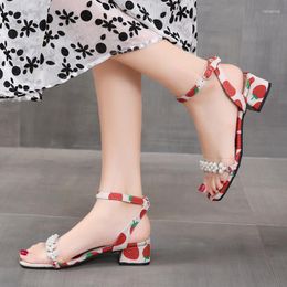Sandals Plus Size 41 Women 2022 Summer Shoes Flower Print Ankle Strap Sandal String Bead Med Heels Sandalias Mujer Cute 9589C