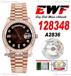 EWF Day Date 128348 A2836 Automatic Unisex Watch Mens Ladies RG Diamonds Bezel D-Brown Diamond Dial Presidential Bracelet Same Serial Card Super Edition Puretime A1