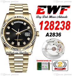 EWF Day Date 118238 A2836 Automatic Unisex Watch Mens Ladies 36mm Yellow Gold Black Diamonds Dial Presidential Bracelet Same Serial Card Super Edition Puretime YG-I9