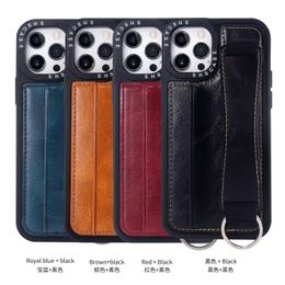 Card Pocket Leather Soft TPU Cases For Iphone 15 14 13 Pro Max 12 11 X XR XS MAX 8 7 6 Plus Wrist Band Strap Holder Fashion Push Grip Strip ID Business Mobile Phone Cover Coque