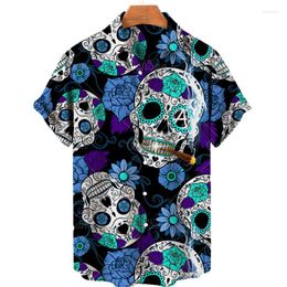 Men's Casual Shirts Skull 3d Print Hawaiian Shirt Vintage Oversized Men's Floral V-neck One-word Button Fashion Top Summer Vacation