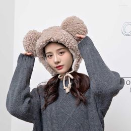 Berets Cute Big Ears Thick Winter Hat For Women Girls Keep Warm Korean Plus Velvet Lamb Ski Bomber Hats