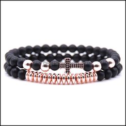 Beaded Strands 10Pc/Set New Arrival Micro Zircon Copper Cross Beads Black Sandstone Bracelet Set Handmade Jewelry Drop Dhseller2010 Dhe0P