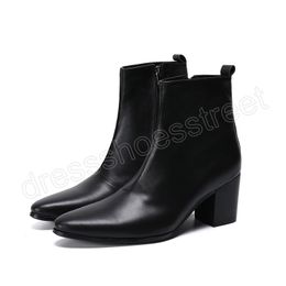 Genuine Leather Men High Heel Boots Pointed Toe Party Dress Boots Fashion Business Ankle Boots Male Formal Shoes