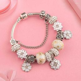 Charm Bracelets White Enamel Flower Leaf Charms Bracelet Silver Colour Diy Bead Fashion Casual For Women Girl Child Jewellery Gift