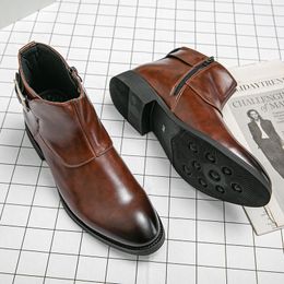 Britische Stiefeletten Männer Schuhe Einfarbig PU Schnalle Seitlichem Reißverschluss Spitz Mode Lässig Straße Alle-spiel AD037