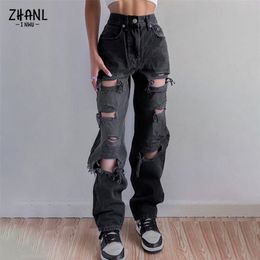 Women's Jeans Czarne zgrywanie wysokiej talii dinsy dla kobiet ubrania Vintage y2k moda proste spodnie jeansowe Streetwear dziura hiphopowe 220830