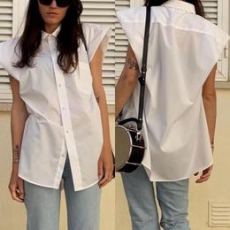 Women's Blouses 2022 Women Summer Shirt Solid Colour Turn-Down Collar Widen Shoulder Sleeveless Single-Breasted Blouse For Girls White/Black