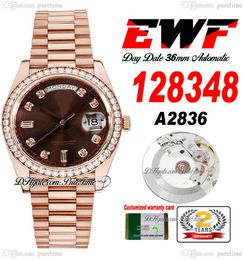 EWF Day Date 128348 A2836 Automatic Unisex Watch Mens Ladies RG Diamonds Bezel Brown Diamond Dial Presidential Bracelet Same Serial Card Super Edition Puretime B2