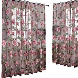 Curtain Tulle Voile Bedroom Door Blinds Window Peony Printed Organza Living Room Divider Valance Drape Sheer