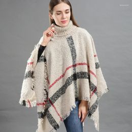 Scarves Autumn Women Luxury Wool Plaid Cardigan Turtleneck Cape Winter Warm Knitting Batwing Sleeveless Tartan Poncho Sweater