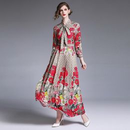 Casual Dresses Spring Summer Fall Runway Letter Floral Print Collar Ribbon Tie Neck Long Sleeve Women Party Casual Empire Waist Maxi Dress 220829