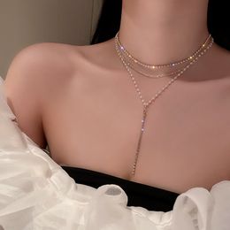 Vintage Multi-layer Sparkling Pearl Chain Choker Necklace For Women Gold Color Long Tassel Necklace Fashion Party Jewelry Gift