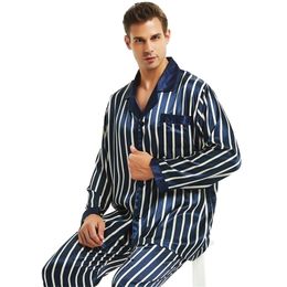 Men's Sleepwear Mens Silk Satin Pyjamas Set Pyjamas PJS Loungewear S 4XL Striped 220830