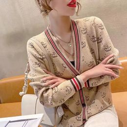 Women's Sweater Fall Winter Womens Letter Pattern Cardigan Hoodies Blended Sweaters Ladies Knitted Top V-Neck Long Sleeve loose casual jacket jumper Kniting Coats