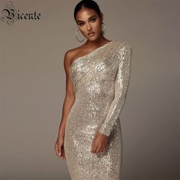 Casual Dresses VC Sexy One Shoulder Women Sparkle Glitzy Sequins Mesh Patchwork Celebrity Christmas Party Vestidos 220830