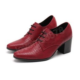 Red Genuine Leather Men Dress Shoes High Heel Party Oxford Shoes Thick Heel Lace Up Male Ankle Boots