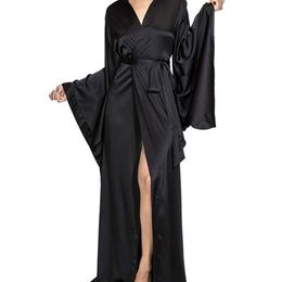 Women's Robe Solid Robes Women Black Red Long Sleeve Nightgown Ladies Girls Silk Satin Smooth Spring Lace Sleepwear Female Bathrobe 220830