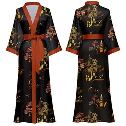 Women's Robe Spring Summer Women Long Kimono Bathrobe Gown Sexy Black Print Sleepwear Nightgown Casual Half Sleeve Satin Home Dress 220830