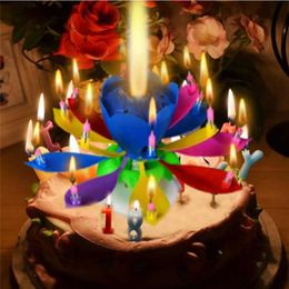 lotus flower light UK - 1pcs Amazing Two Layers with 14 Small Candles Lotus Happy Birthday Spin Singing Romantic Musical Flower Party Light Candles SH190924254d