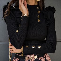 Women's Blouses Shirts Plus Size Autumn Winter Women Long Sleeve Knitwear Rib Ruffle Buttons Basic Shirt 220830