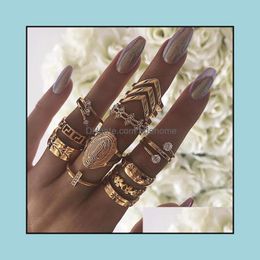 Cluster Rings Boho Gold Ring Set Joint Knuckle Carved Finger Rings Stylish Hand Accessories Metal Alloy Jewellery For Women And Bdehome Dhje7