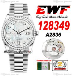 EWF Day Date 128349 A2836 Automatic Unisex Watch Mens Ladies Diamonds Bezel MOP Diamond Dial Presidential Bracelet Same Serial Card Super Edition Puretime B2