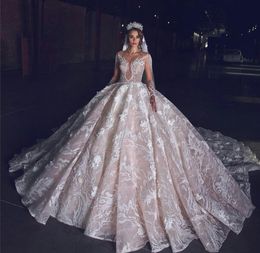 Luxury Ball Gown Wedding Dresses Deep V Neck Long Sleeves Beads Sequins Appliques Lace Ruffles Hollow Floor Length Off Shoulder Bridal Gowns Plus Size robes de soiree
