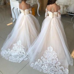 Girl Dresses White Appliques Lace Long Sleeves Flower Girls Sheer O Neck Little Kids Formal Wedding Party Gowns Pageant