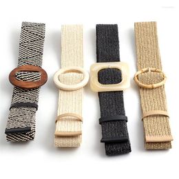 Belts Women Fashion Casual Straw Belt Bohemian Wooden Buckle Waistbelt Wide Elastic Female Waist Summer Accessories One Size