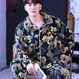 Men's Sleepwear Coral Fleece Men Pajama Set AUtumn Winter Soft Thicken Cartoon Printed Flannel 2pcs set Tops Warm Pants Home Clothes 220830