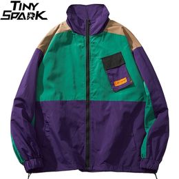 Erkek ceketler erkek hip hop sokak kıyafeti ceket ceket retro renk blok patchwork harajuku ceket rüzgar kırıcı büyük boy iz ceket cebi sonbahar 220830