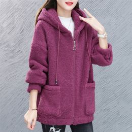 Women's Faux Plush Thick Warm Lamb Wool Coat Women Autumn Winter Plus Size Hooded Outerwear Ladies Zipper Cardigan Hoodie 220830