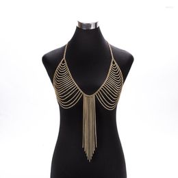 Diseño de cadenas Moda de lujo Impresionante cadena de cuerpo sexy Color de oro Brazo Slave Arnés Collar de borla Joyería