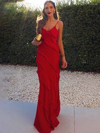 Casual Dresses Sexy Red V-Neck Maxi Dress Women Summer Slim Sleeveless Backless Split Female 2022 Elegant Party Ruffles Lady Vestidos