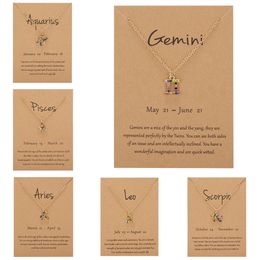 Cardboard Zodiac Sign 12 Constellation Necklace Colourful Crystal Clavicle Chain Choker for Women Birthday Party Jewellery Gifts