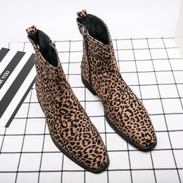 Boots Men British Shoes Personality Leopard Print Faux Suede Square Head Side Zipper Fashion Casual Street All match AD b