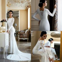 Classic Mermaid Evening Dresses Lace Appliqued Sweep Train Boho Prom Party Dress Bridal Gowns Plus Size Taffeta Full Sleeves Abiti Da Sposa