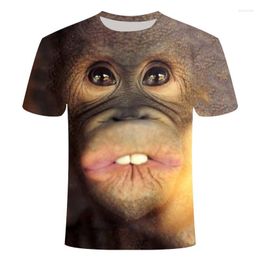 Funic Men Spring Summer 3D Monkey Print O-Neck Short Sleeve T Shirt Brown Tops Blouse 